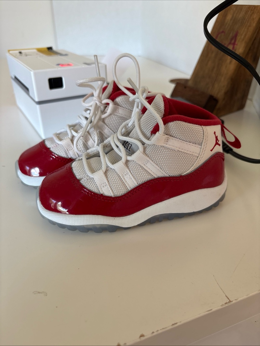 Jordan Little Kids Red and White Patent Leather Sneakers